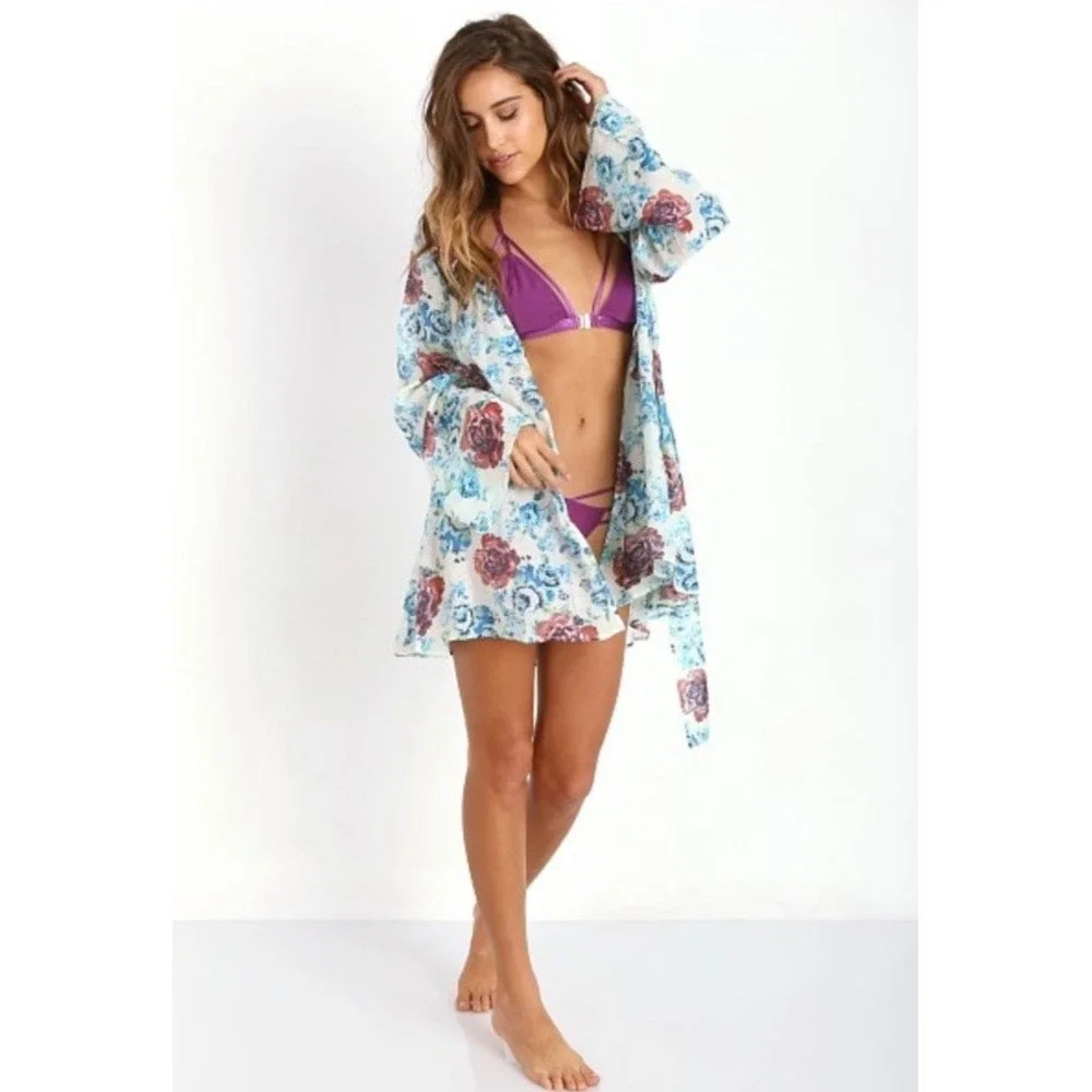 For Love & Lemons Skivvies Naughty Robe Floral OS Cover Up Light Airy Bell Sleev
